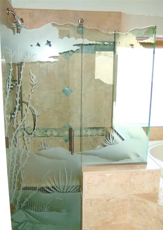 Shower Enclosure showcasing a Frosted Glass Desert Design with Sandblast Etched Glass Art by Sans Soucie Ocotillo Design