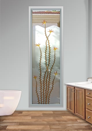 Window featuring a Frosted Glass Desert Design Sandblast Etched Glass Ocotillo Centered Design by Sans Soucie