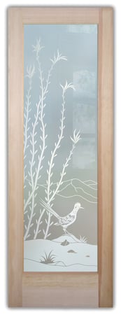 Bathroom Door showcasing a Frosted Glass Desert Design with Sandblast Etched Glass Art by Sans Soucie Ocotillo Roadrunner Design