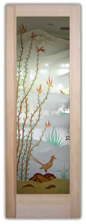 Pantry Door showcasing a Frosted Glass Desert Design with Sandblast Etched Glass Art by Sans Soucie Ocotillo Roadrunner Design