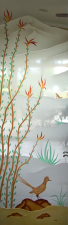 Interior Glass Insert showcasing a Frosted Glass Desert Design with Sandblast Etched Glass Art by Sans Soucie Ocotillo Roadrunner Design