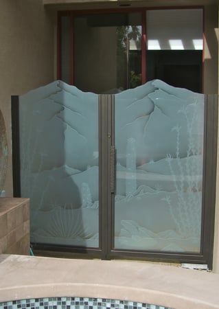 Gate Glass Insert with a Frosted Glass Ocotillo Saguaro Desert Design for Semi-Private by Sans Soucie Art Glass