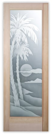 Pantry Door featuring Frosted Glass Design Etched Glass by Sans Soucie Art Glass with Custom Palm Trees Design Palm Sunset