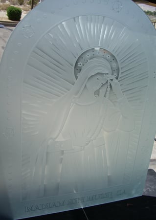 Window featuring a Frosted Glass Liturgical Design Sandblast Etched Glass Our Lady of Lourdes Design by Sans Soucie