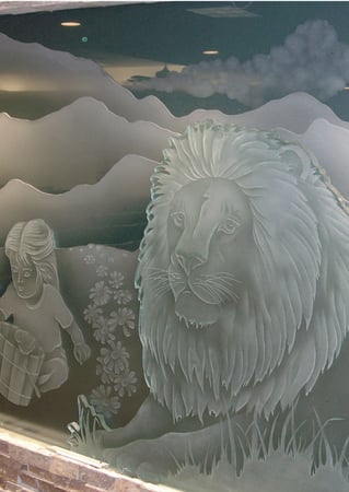 Sculpture showcasing a Frosted Glass Wildlife Design with Sandblast Etched Glass Art by Sans Soucie Psalm 145:16 Design