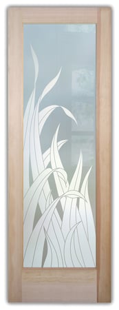 Bathroom Door featuring Frosted Glass Design Etched Glass by Sans Soucie Art Glass with Custom Foliage Design Reeds