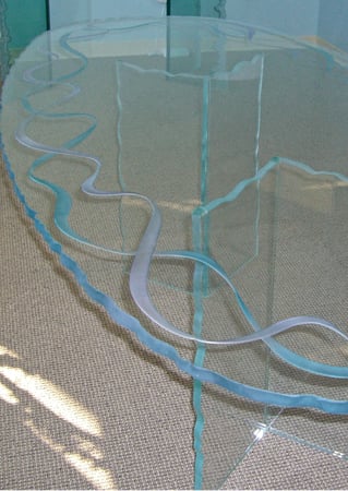 Glass Dining Table with a sandblast Frosted Glass Geometric Design Custom-Designed Decorative Etched Glass