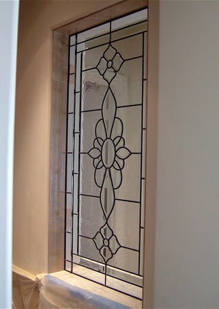 Window featuring Frosted Glass Design Etched Glass by Sans Soucie Art Glass with Custom Traditional Design Rosette