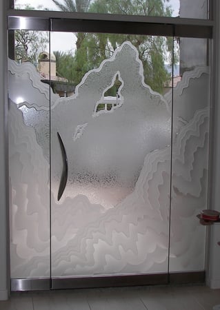 All Glass Front Door showcasing a Frosted Glass Abstract Design with Sandblast Etched Glass Art by Sans Soucie Rugged Retreat Design