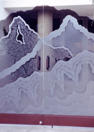 Gate Glass Insert showcasing a Frosted Glass Abstract Design with Sandblast Etched Glass Art by Sans Soucie Rugged Retreat Design