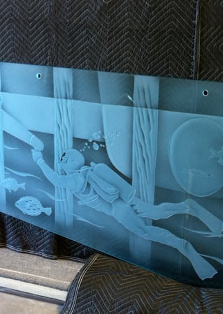 Glass Wall Art showcasing a Frosted Glass Oceanic Design with Sandblast Etched Glass Art by Sans Soucie Scuba - Long Beach Port Authority Design