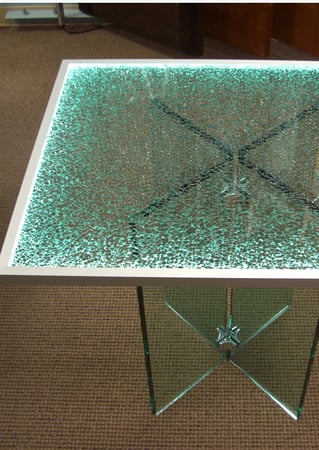 Glass Coffee Table with a sandblast Frosted Glass Shattered Glass Design Custom-Designed Decorative Etched Glass