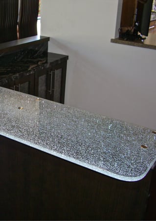 Glass Counter showcasing a Frosted Glass Shattered Glass Design with Sandblast Etched Glass Art by Sans Soucie Shattered Glass Ultra Clear Design