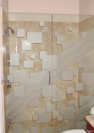 Shower Partition showcasing a Frosted Glass Geometric Design with Sandblast Etched Glass Art by Sans Soucie Floating Squares & Waves Design