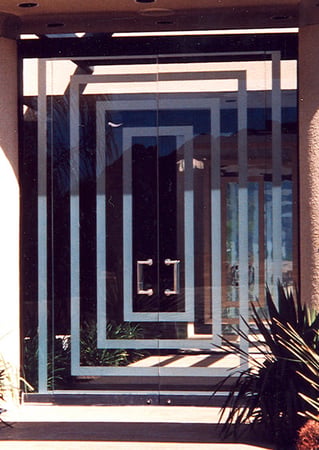 All Glass Gate showcasing a Frosted Glass Geometric Design with Sandblast Etched Glass Art by Sans Soucie Stenosis Design