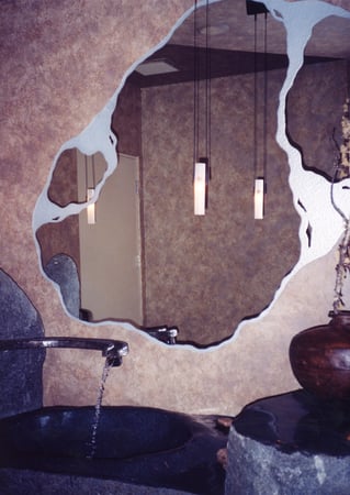Decorative Mirror featuring Frosted Glass Design Etched Glass by Sans Soucie Art Glass with Custom Abstract Design Stream Paths