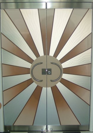 All Glass Front Door featuring Frosted Glass Design Etched Glass by Sans Soucie Art Glass with Custom Geometric Design Sun Beam