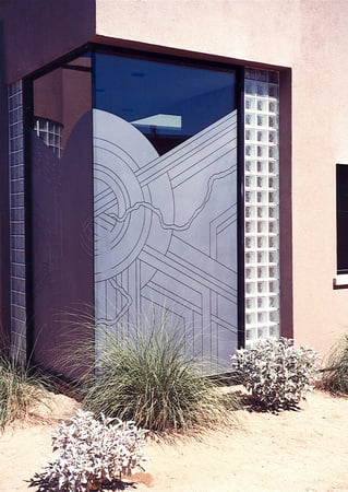 Window featuring a Frosted Glass Geometric Design Sandblast Etched Glass Sun Odyssey Bolt II Design by Sans Soucie