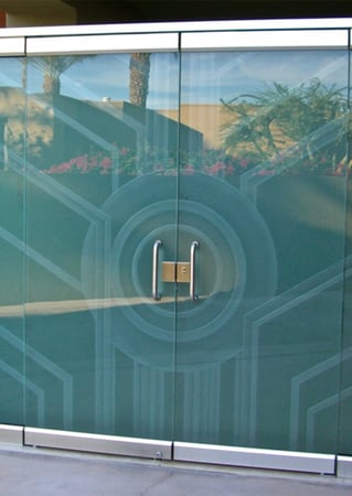 All Glass Front Door with a Frosted Glass Sun Odyssey XI Geometric Design for Semi-Private by Sans Soucie Art Glass