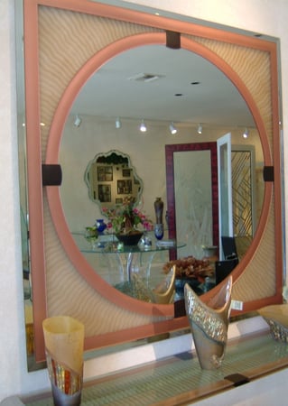 Decorative Mirror featuring a Frosted Glass Geometric Design Sandblast Etched Glass Sunburst  Design by Sans Soucie