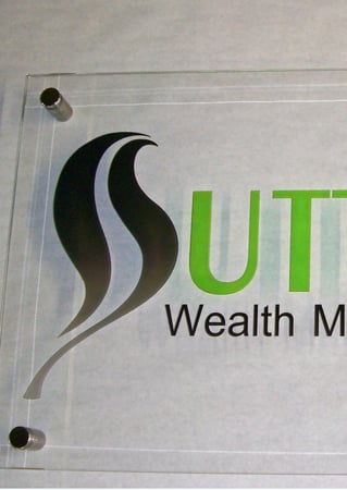 Glass Sign with Frosted Glass Logos Sutter Wealth Management (similar look) Design by Sans Soucie