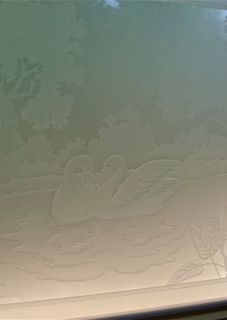 Window with a Frosted Glass Wading Swans Wildlife Design for Private by Sans Soucie Art Glass