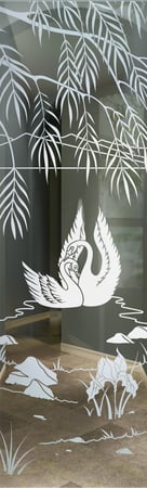 Door Glass Insert featuring a Frosted Glass Wildlife Design Sandblast Etched Glass Swan Song Design by Sans Soucie