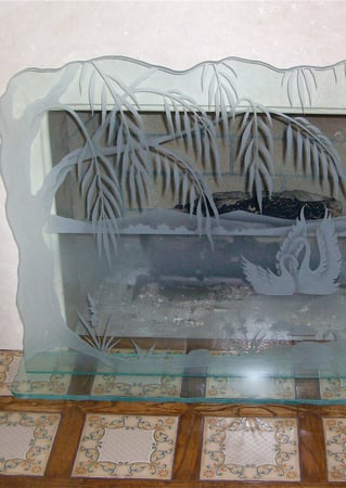 Fireplace Screen featuring a Frosted Glass Wildlife Design Sandblast Etched Glass Swan Song Design by Sans Soucie