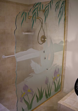 Shower Partition featuring a Frosted Glass Wildlife Design Sandblast Etched Glass Swan Song Design by Sans Soucie