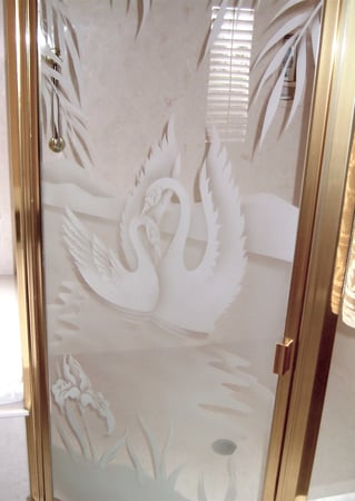 Shower Door featuring a Frosted Glass Wildlife Design Sandblast Etched Glass Swan Song Design by Sans Soucie