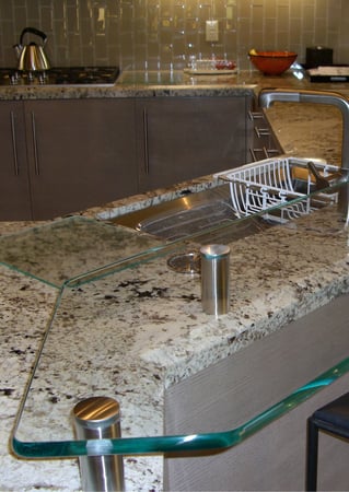 Glass Counter featuring Frosted Glass Design Etched Glass by Sans Soucie Art Glass with Custom Plain Clear Glass Design Plain Glass Pencil Polish Edge