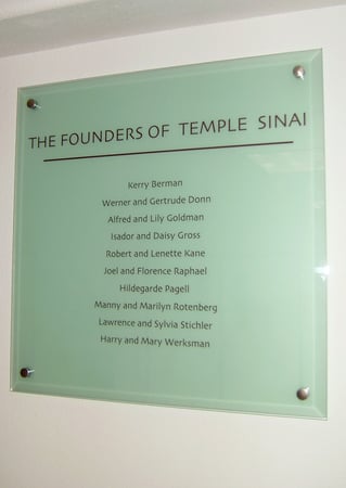 Glass Sign featuring Frosted Glass Design Etched Glass by Sans Soucie Art Glass with Custom Logos Design Temple Sinai (similar look)