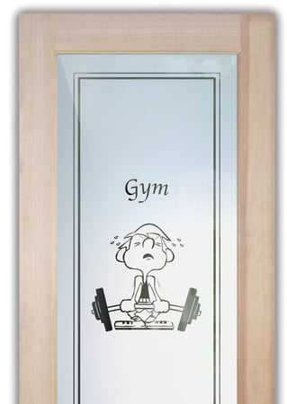Bathroom Door showcasing a Frosted Glass Whimsical Design with Sandblast Etched Glass Art by Sans Soucie Dumb Bell Design