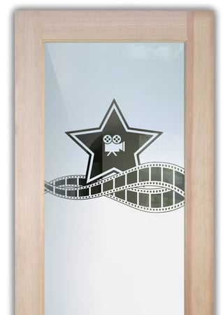 Bathroom Door with a sandblast Frosted Glass Whimsical Design Custom-Designed Decorative Etched Glass