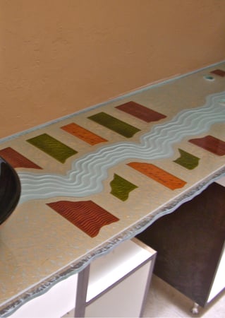Glass Counter with a sandblast Frosted Glass Abstract Design Custom-Designed Decorative Etched Glass
