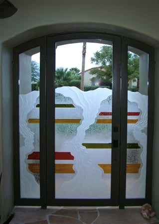 Gate Glass Insert with a sandblast Frosted Glass Abstract Design Custom-Designed Decorative Etched Glass