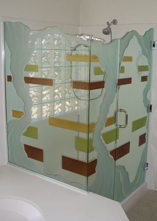 Shower Enclosure with a sandblast Frosted Glass Abstract Design Custom-Designed Decorative Etched Glass