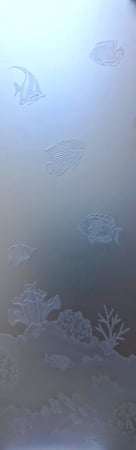Door Glass Insert showcasing a Frosted Glass Oceanic Design with Sandblast Etched Glass Art by Sans Soucie Tropical Fish Design