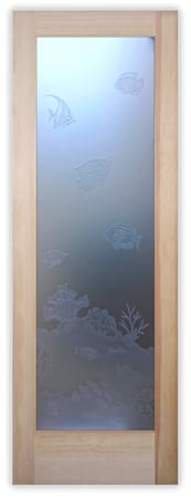 Pantry Door showcasing a Frosted Glass Oceanic Design with Sandblast Etched Glass Art by Sans Soucie Tropical Fish Design