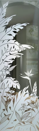 Door Glass Insert with a sandblast Frosted Glass Tropical Design Custom-Designed Decorative Etched Glass