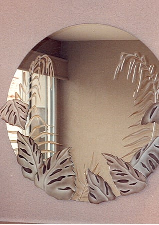 Decorative Mirror with a sandblast Frosted Glass Tropical Design Custom-Designed Decorative Etched Glass