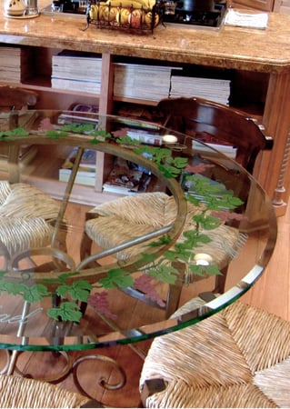 Glass Dining Table with a sandblast Frosted Glass Grapes & Ivy Design Custom-Designed Decorative Etched Glass