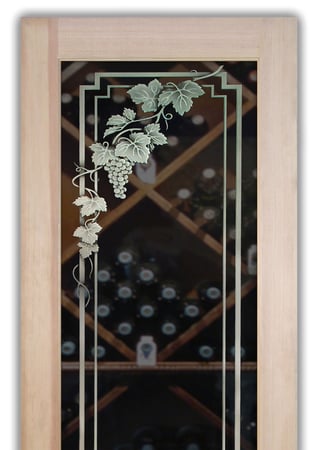 Wine Cellar Door featuring Frosted Glass Design Etched Glass by Sans Soucie Art Glass with Custom Grapes & Ivy Design Vineyard Grapes Cascade