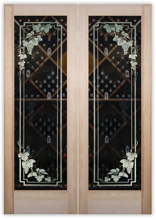 Wine Cellar Door featuring a Frosted Glass Grapes & Ivy Design Sandblast Etched Glass Vineyard Grapes Cascade Pair Design by Sans Soucie