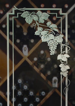 Wine Insert featuring a Frosted Glass Grapes & Ivy Design Sandblast Etched Glass Vineyard Grapes Cascade Pair Design by Sans Soucie
