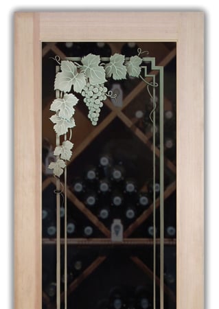 Wine Cellar Door featuring a Frosted Glass Grapes & Ivy Design Sandblast Etched Glass Vineyard Grapes Garland Design by Sans Soucie