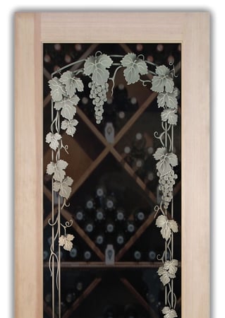 Wine Cellar Door with a sandblast Frosted Glass Grapes & Ivy Design Custom-Designed Decorative Etched Glass