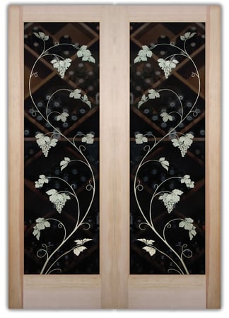 Wine Cellar Door showcasing a Frosted Glass Grapes & Ivy Design with Sandblast Etched Glass Art by Sans Soucie Vineyard Grapes Unfurled Pair Design