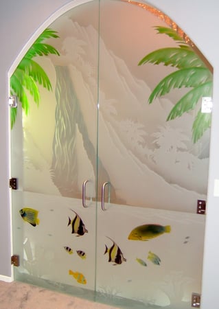 Interior Glass Door with a sandblast Frosted Glass Oceanic Design Custom-Designed Decorative Etched Glass