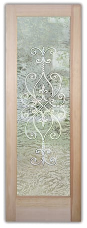 Front Door with a sandblast Frosted Glass Wrought Iron Design Custom-Designed Decorative Etched Glass